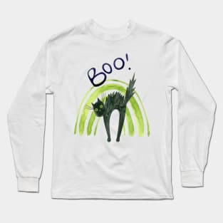 Halloween Green Rainbow and Black Cat Watercolor Long Sleeve T-Shirt